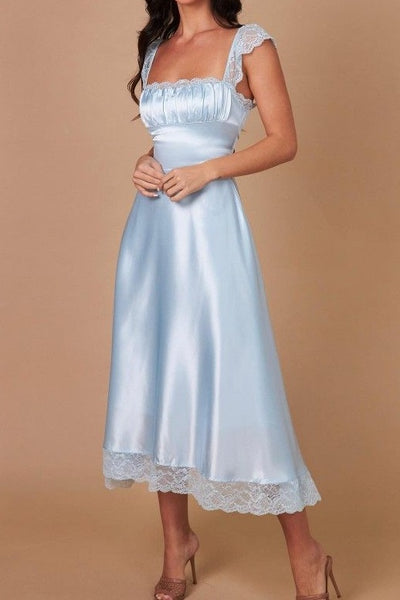 Square Lace Straps Satin A-Line Midi Party Prom Dress