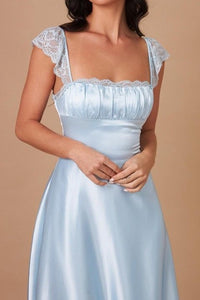 Square Lace Straps Satin A-Line Midi Party Prom Dress