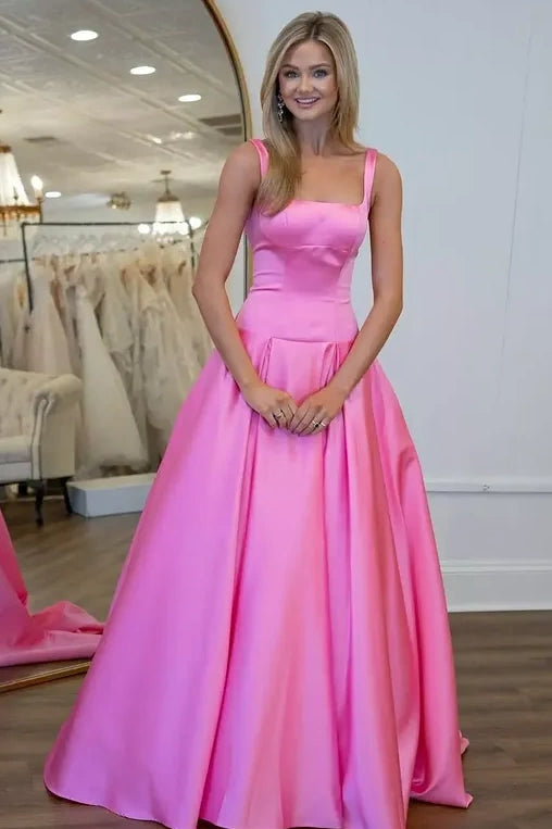 Square Sleeveless Empire A-Line Satin Modest Party Prom Dress