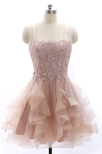 Square Sleeveless Lace And Tulle Tiered Short Homecoming Dress