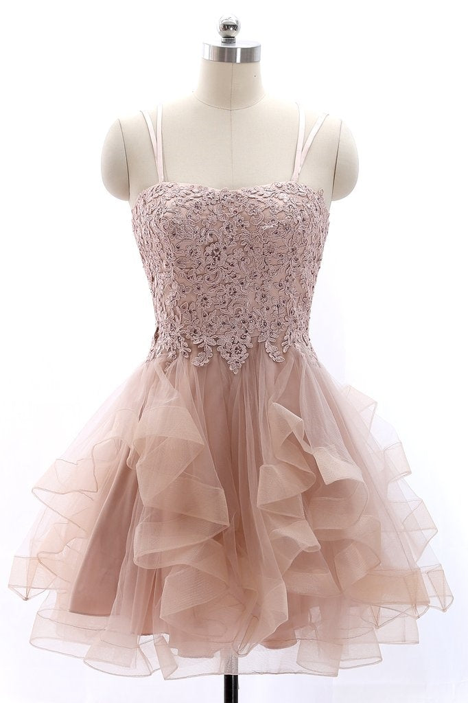 Square Sleeveless Lace And Tulle Tiered Short Homecoming Dress