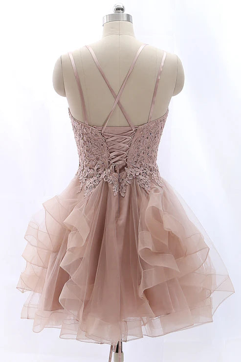 Square Sleeveless Lace And Tulle Tiered Short Homecoming Dress