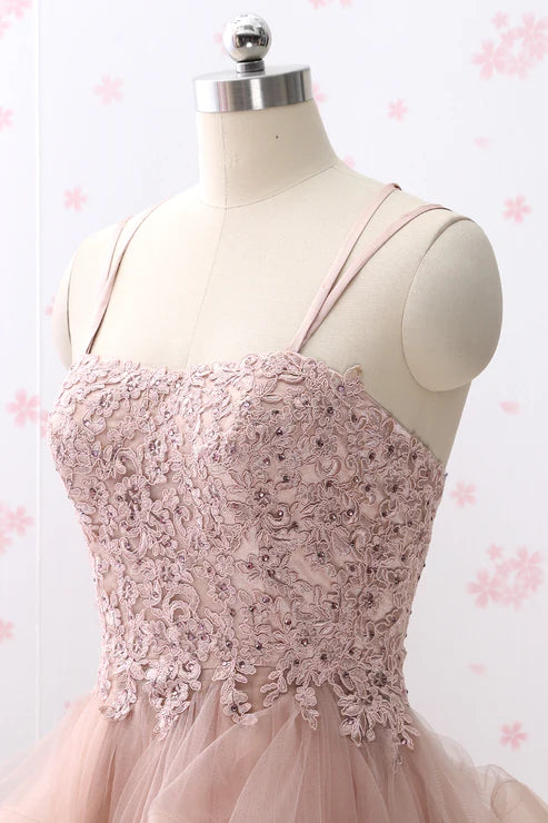 Square Sleeveless Lace And Tulle Tiered Short Homecoming Dress