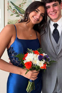 Square Sleeveless Satin Mermaid Lace Appliques Party Prom Dress