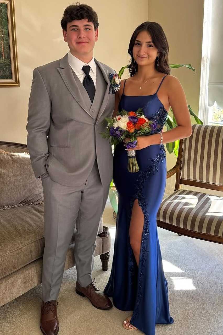 Square Sleeveless Satin Mermaid Lace Appliques Party Prom Dress