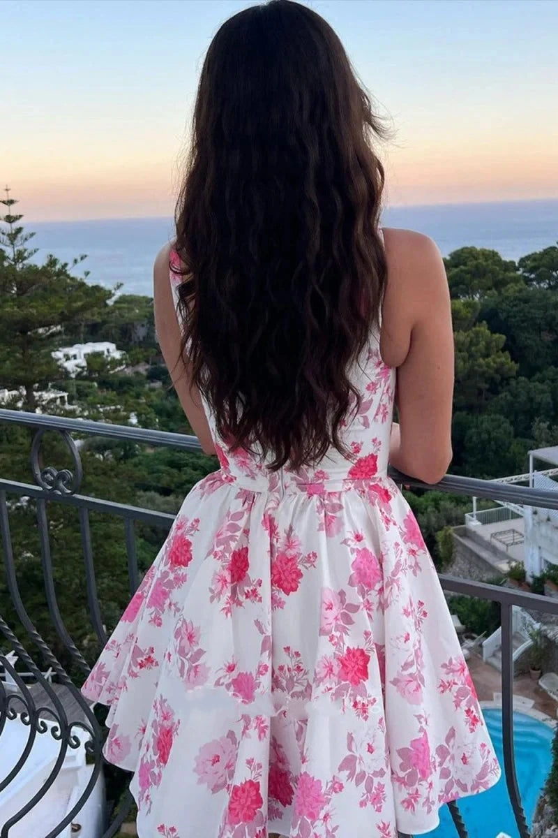 Square Straps A-Line Empire Satin Floral Short Homecoming Party Dress