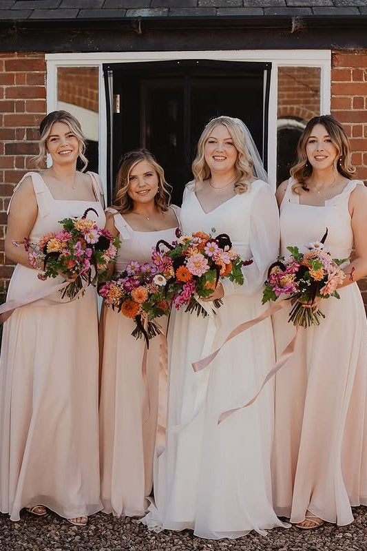 Square Straps A-Line High Waist Chiffon Maxi Bridesmaid Dress