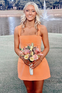 Square Straps A-Line Satin Orange Mini Party Homecoming Dress