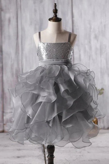Square Straps A-Line Sequin Top Tiered Tulle  Flower Girl Dress
