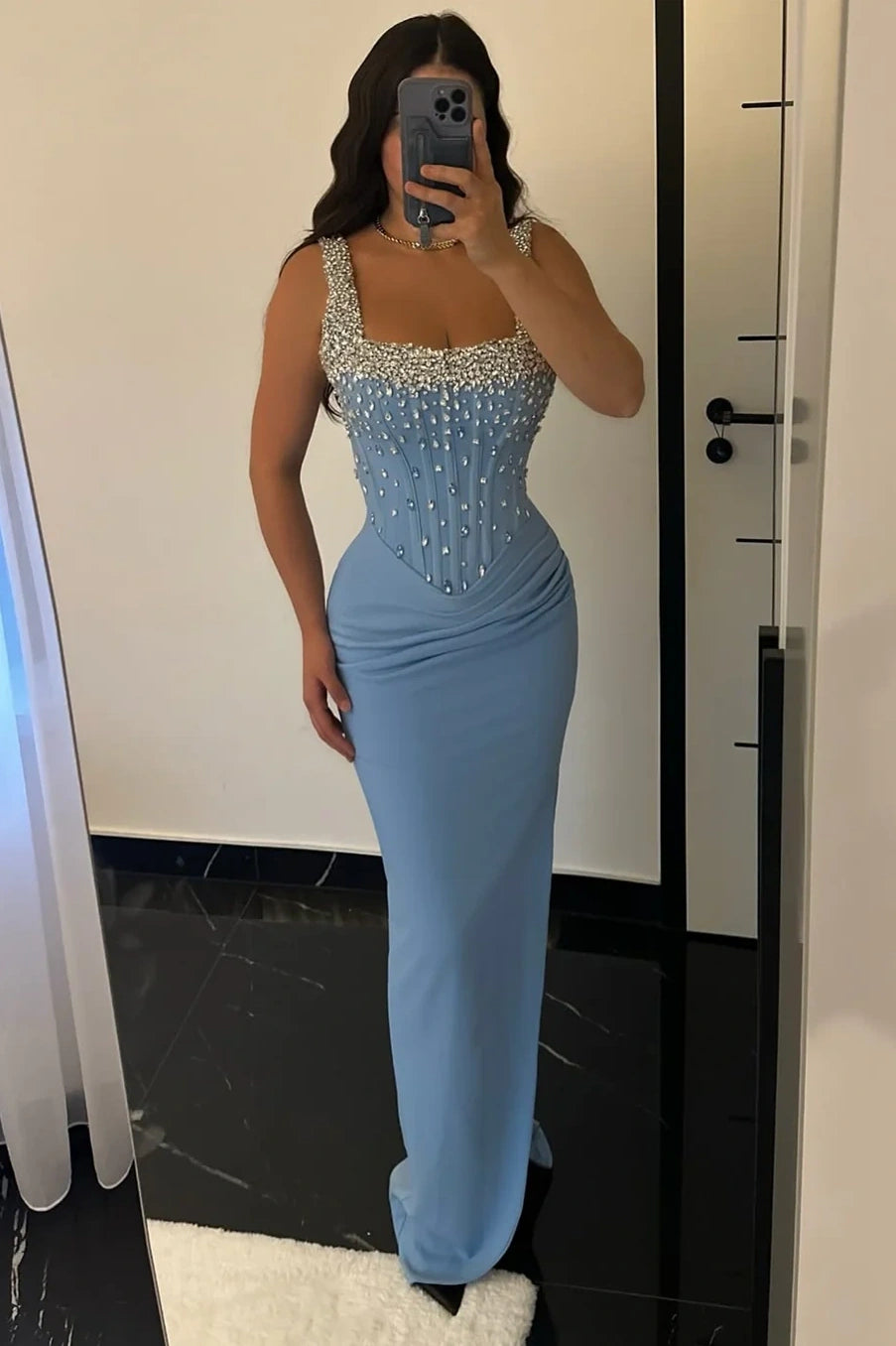 Square Straps Crystal Beaded Fitted Satin Party Prom Dress