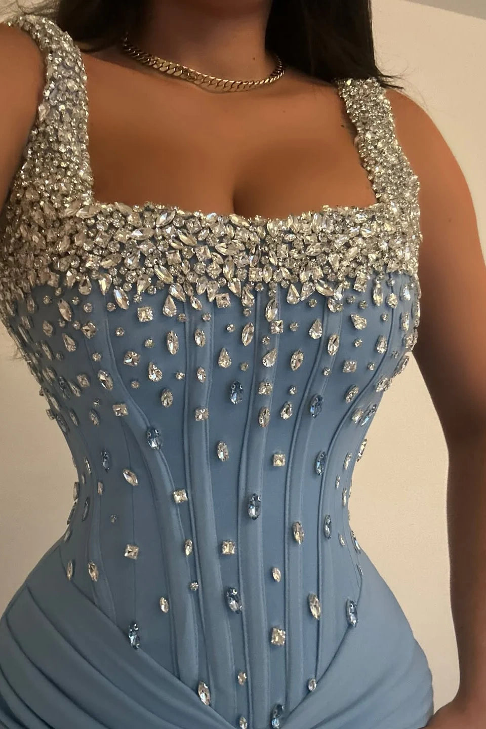 Square Straps Crystal Beaded Fitted Satin Party Prom Dress