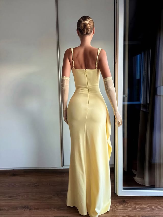 Square Straps Fitted Ruffle Split Satin Long Party Prom Dress