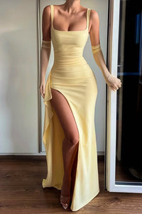 Square Straps Fitted Ruffle Split Satin Long Party Prom Dress