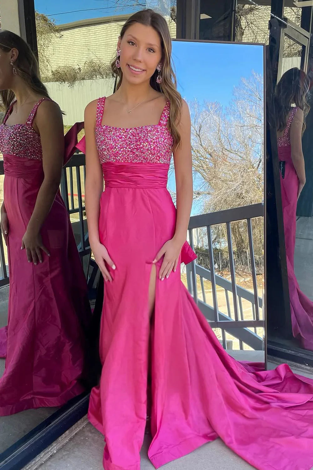 Square Straps Open Back Satin Mermaid Party Prom Dress With Train