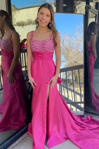 Square Straps Open Back Satin Mermaid Party Prom Dress With Train