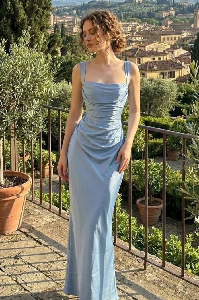 Square Straps Ruched Empire Satin Fitted Maxi Party Prom Dress 