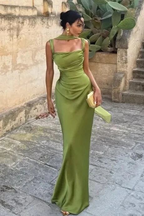 Square Straps Ruched Empire Satin Fitted Maxi Party Prom Dress 