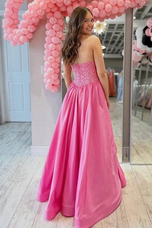 Strapless A-Line Lace And Satin Floor-Length Party Prom Dress