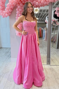 Strapless A-Line Lace And Satin Floor-Length Party Prom Dress