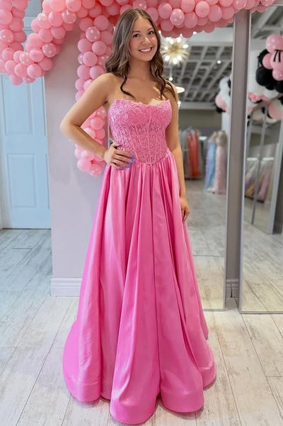 Strapless A-Line Lace And Satin Floor-Length Party Prom Dress