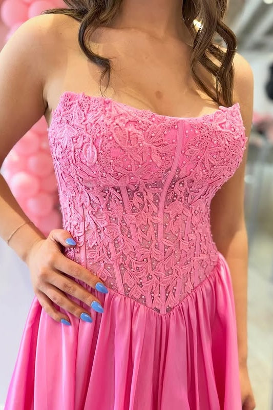 Strapless A-Line Lace And Satin Floor-Length Party Prom Dress