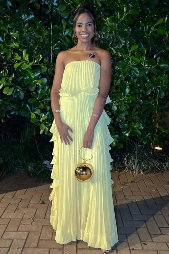Strapless Chiffon A-Line Tiered Pleated Maxi Party Prom Dress