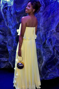 Strapless Chiffon A-Line Tiered Pleated Maxi Party Prom Dress
