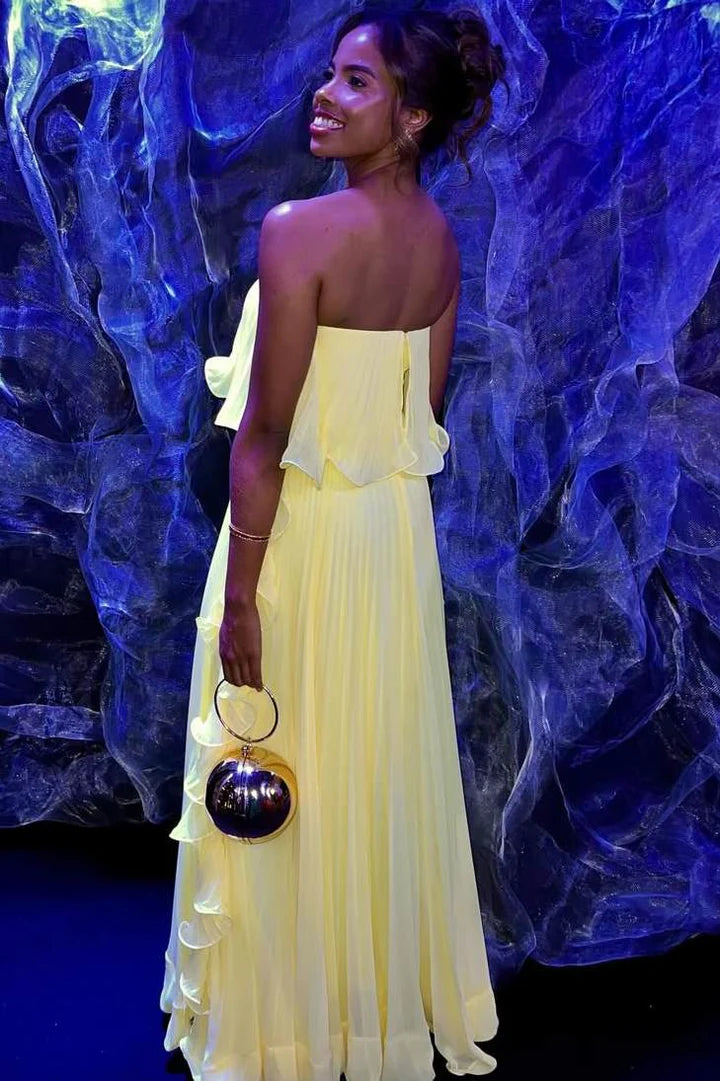 Strapless Chiffon A-Line Tiered Pleated Maxi Party Prom Dress