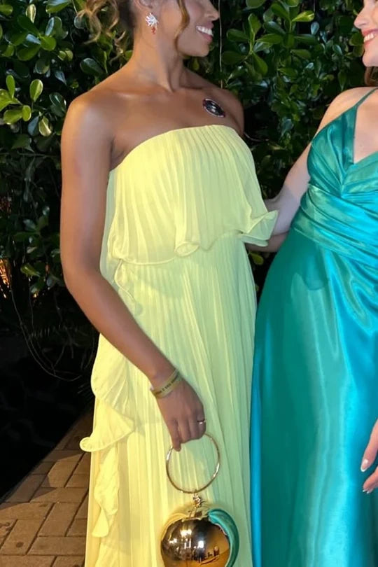 Strapless Chiffon A-Line Tiered Pleated Maxi Party Prom Dress