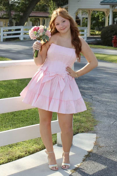 Strapless Corset A-Line Satin Ruffle Homecoming Dress With Bows