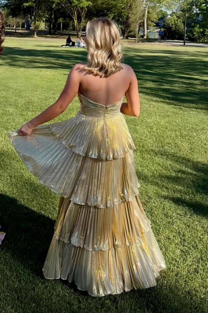 Strapless Empire A-Line Pleated Satin Tiered Split Party Prom Dress 