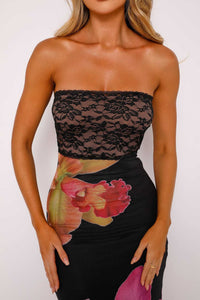 Strapless Empire Bodycon Two Tone Floral Appliques Party Evening Dress