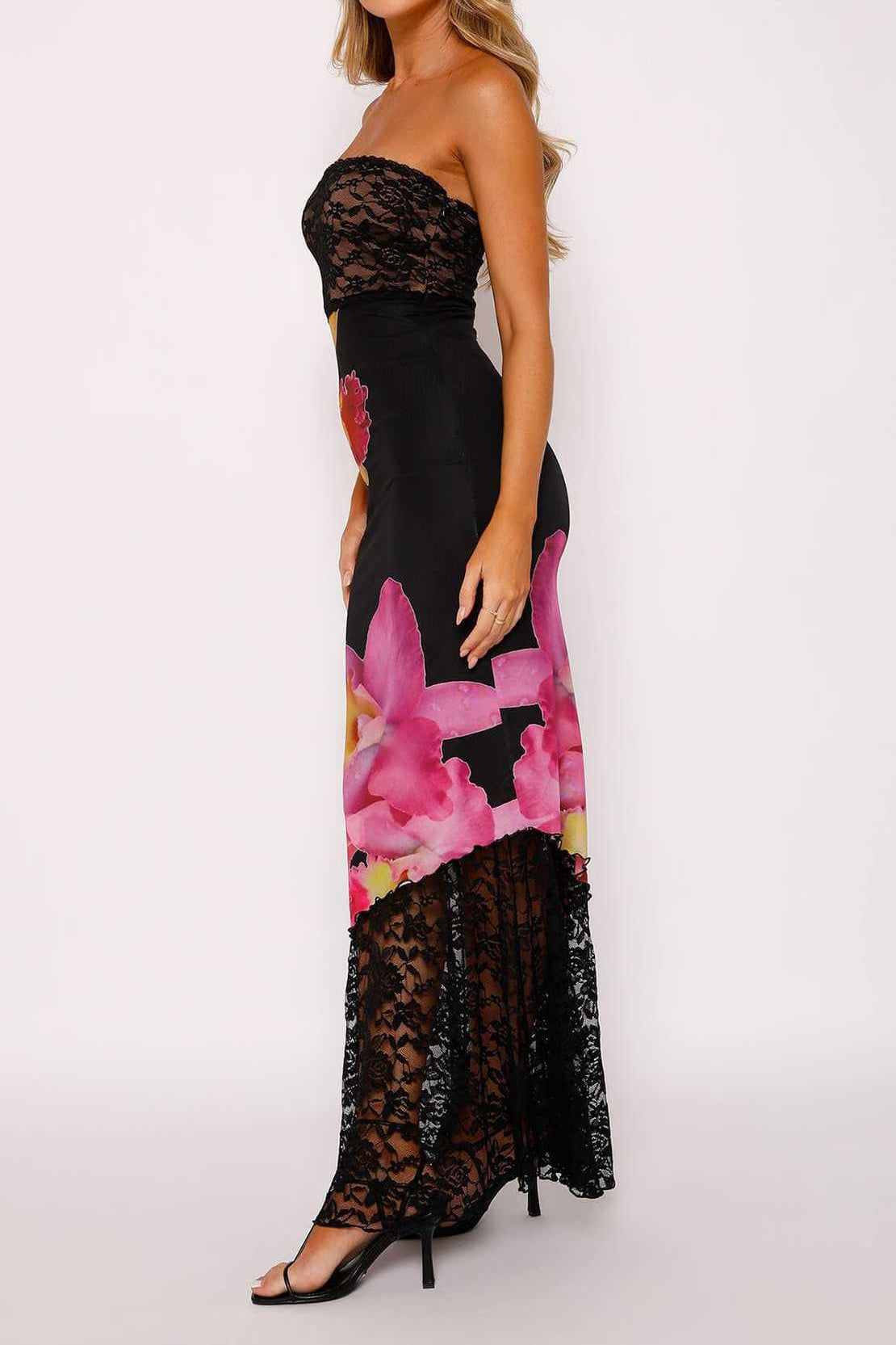 Strapless Empire Bodycon Two Tone Floral Appliques Party Evening Dress