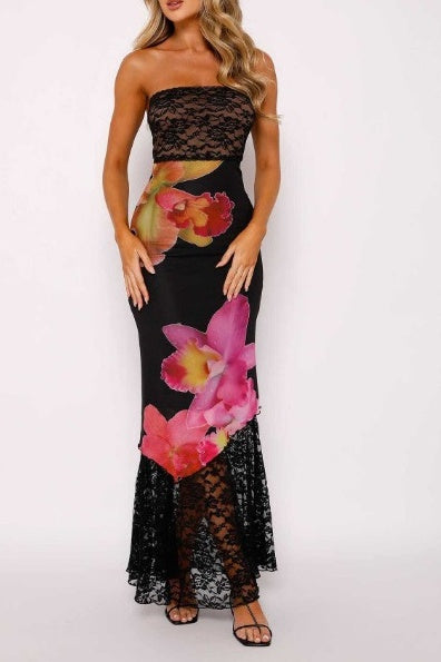 Strapless Empire Bodycon Two Tone Floral Appliques Party Evening Dress