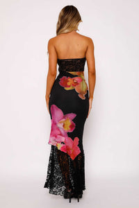 Strapless Empire Bodycon Two Tone Floral Appliques Party Evening Dress