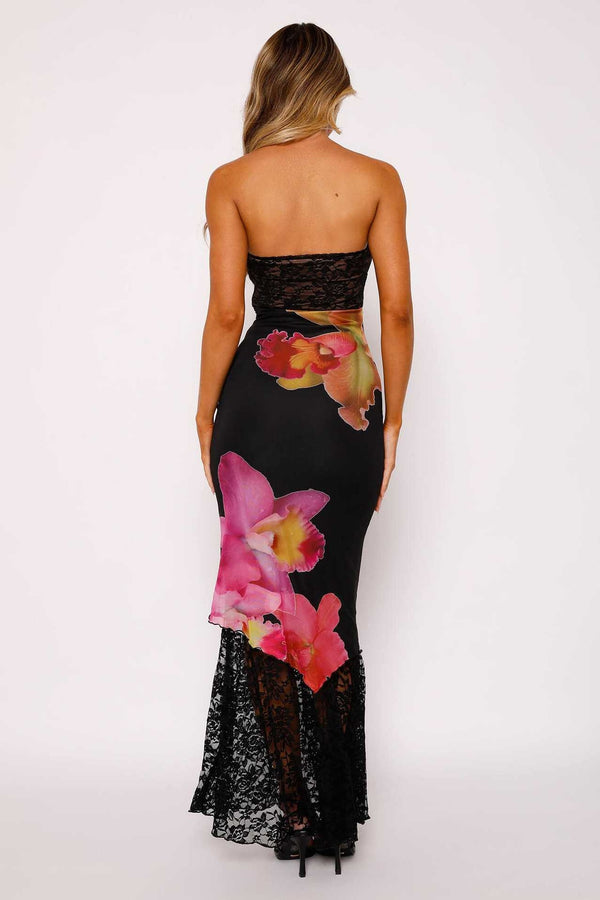 Strapless Empire Bodycon Two Tone Floral Appliques Party Evening Dress