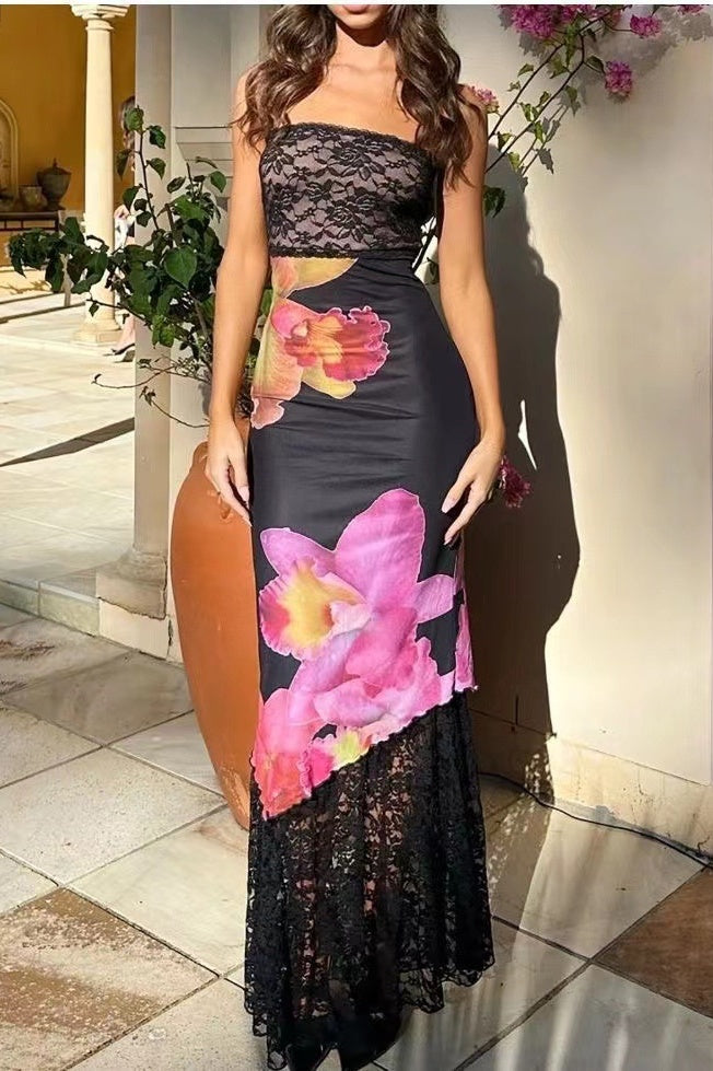 Strapless Empire Bodycon Two Tone Floral Appliques Party Evening Dress