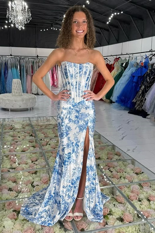Strapless Empire Satin Floral Mermaid Leg Slit Party Prom Dress
