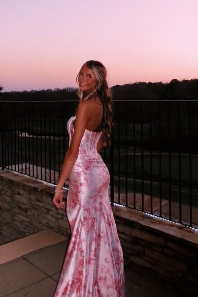 Strapless Empire Satin Floral Mermaid Leg Slit Party Prom Dress
