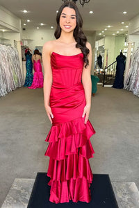 Strapless Lace-Up Mermaid Tiered Satin Party Prom Dress