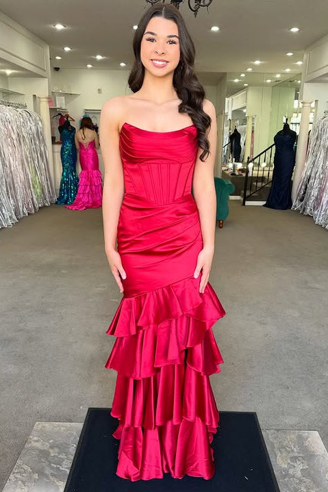 Strapless Lace-Up Mermaid Tiered Satin Party Prom Dress