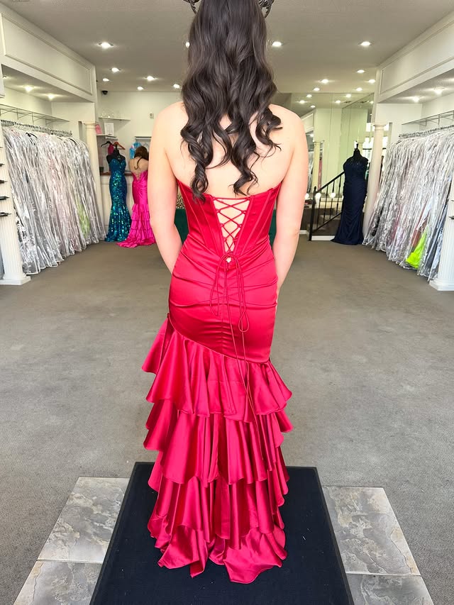 Strapless Lace-Up Mermaid Tiered Satin Party Prom Dress