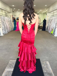 Strapless Lace-Up Mermaid Tiered Satin Party Prom Dress