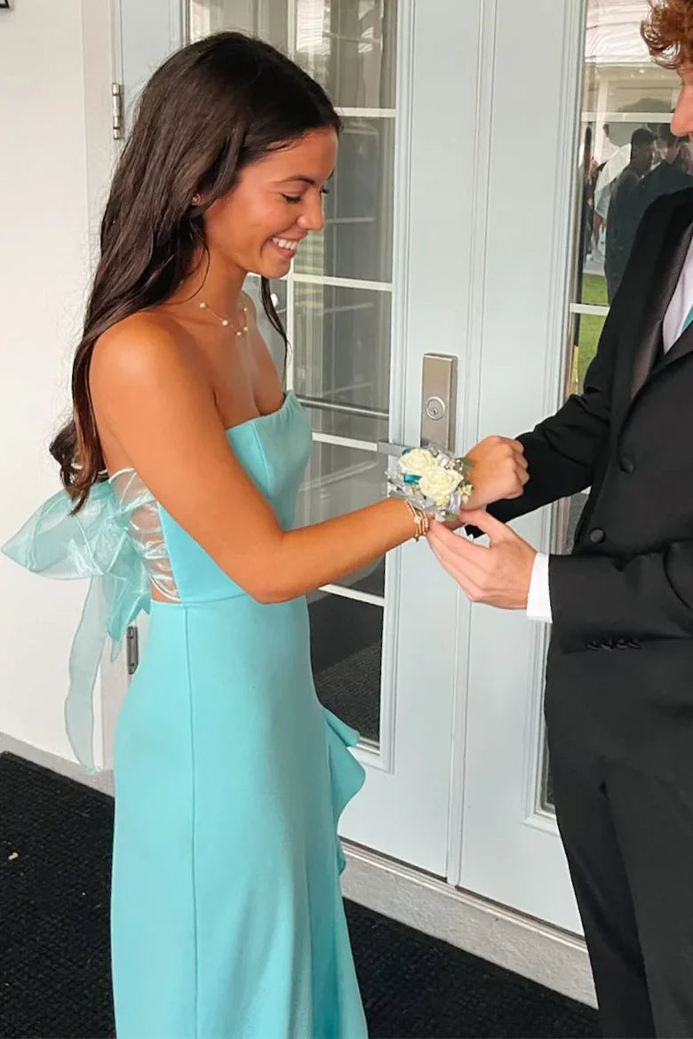 Strapless Lace-Up Satin Ruffle Split Mermaid Party Prom Dress