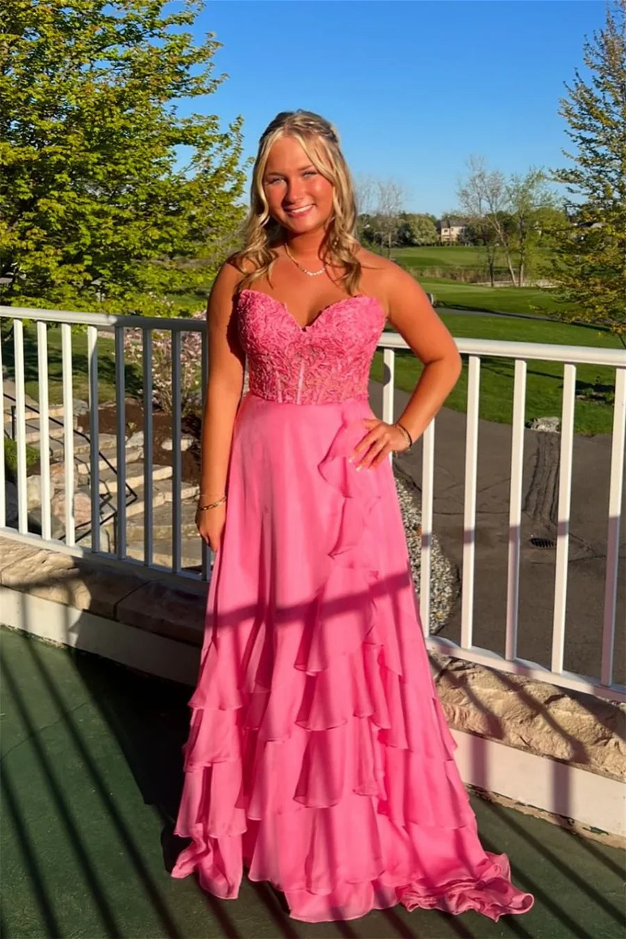 Sweetheart Applique Chiffon Ruffle Prom Dress with Slit
