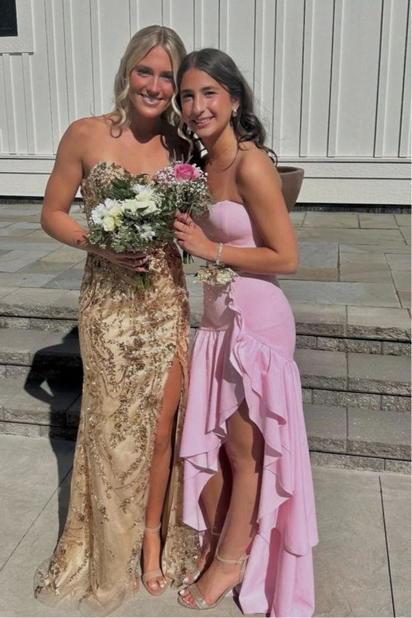 Yellow Strapless Ruffle Mermaid Prom Dress with Slit