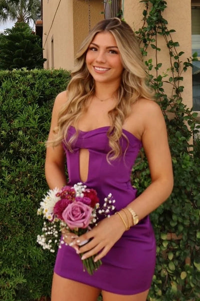 Strapless Satin Bodycon Empire Purple Short Party Homecoming Dress