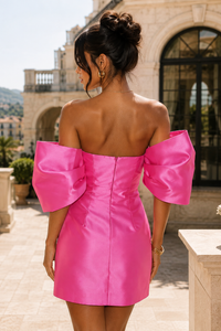 Strapless Sheath Puff Sleeves Satin Pink Homecoming Dress