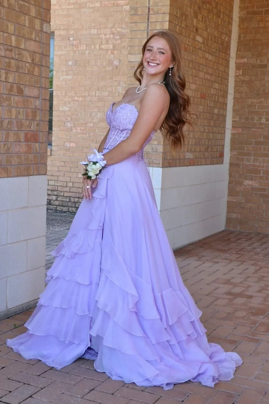 Sweetheart Applique Chiffon Ruffle Prom Dress with Slit