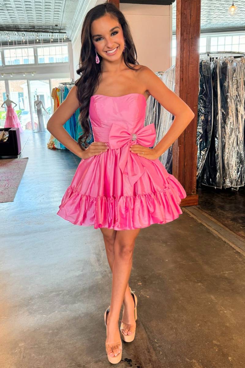 Strapless Pink Taffeta A-line Short Party Dress with Bow FancyVestido Strapless Pink Taffeta A-line Short Party Dress with Bow FancyVestido
